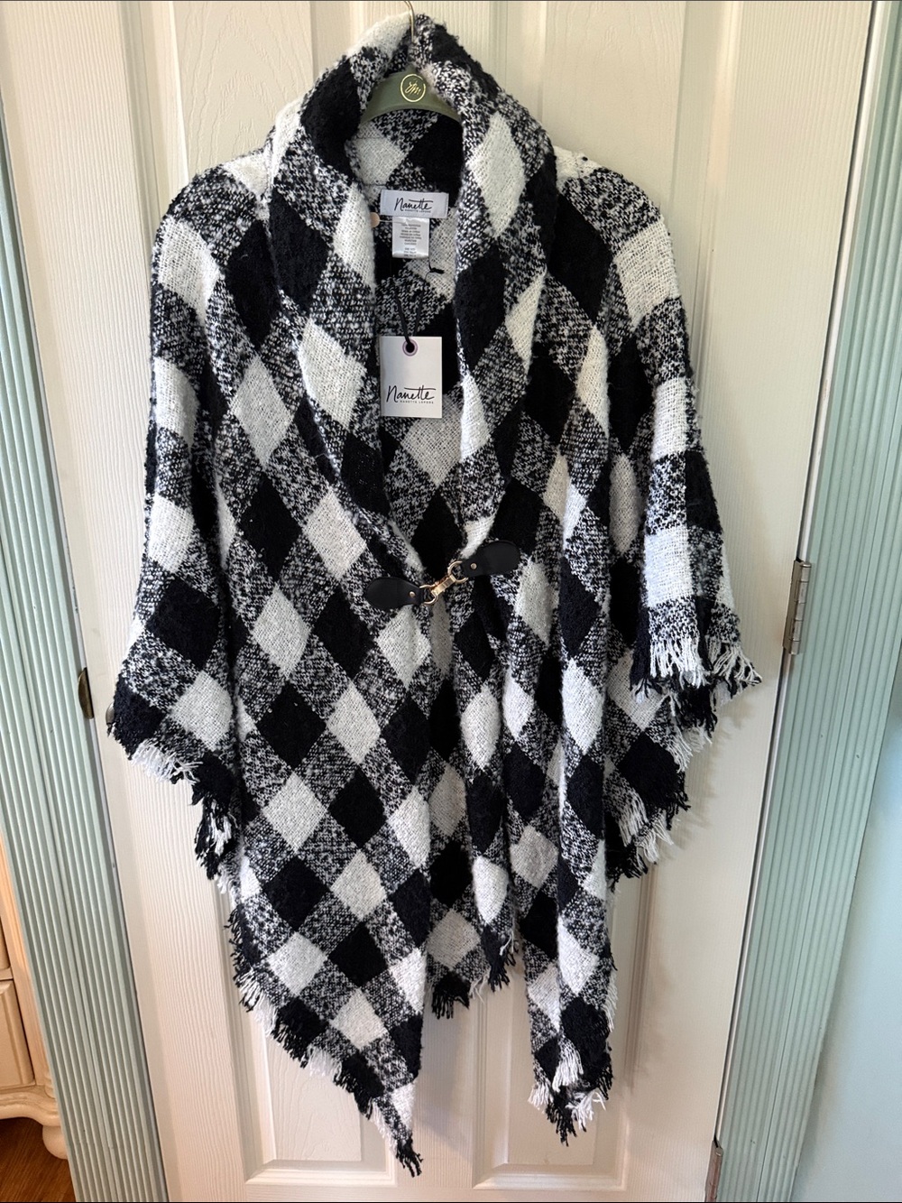 Nannette Lepore Black & White Diamond-Knit Fringe Shawl with Clasp